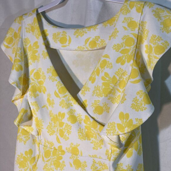 66-6 ANN TAYLOR white yellow floral lemon fruit flutter sleeves cross back top M - Picture 6 of 8